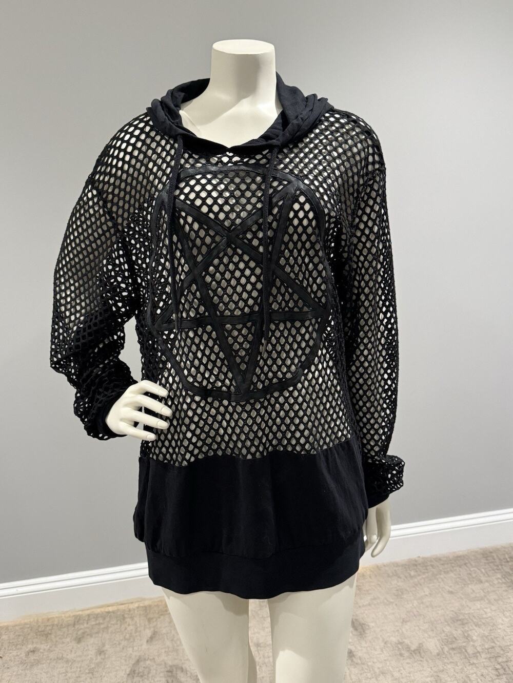 Killstar Omen Mesh Hoodie Unisex Black Sheer Mesh Pentagram Goth Witchy Sz M